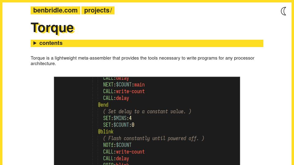 Screenshot of benbridle.com: Show HN: Torque – A lightweight meta-assembler for any processor