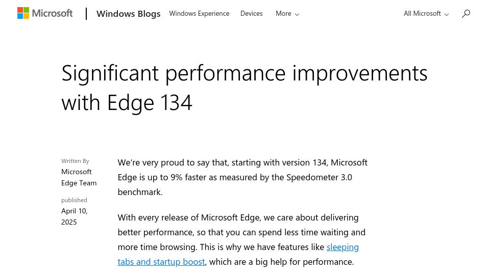 Screenshot of blogs.windows.com: Significant performance improvements with Edge 134