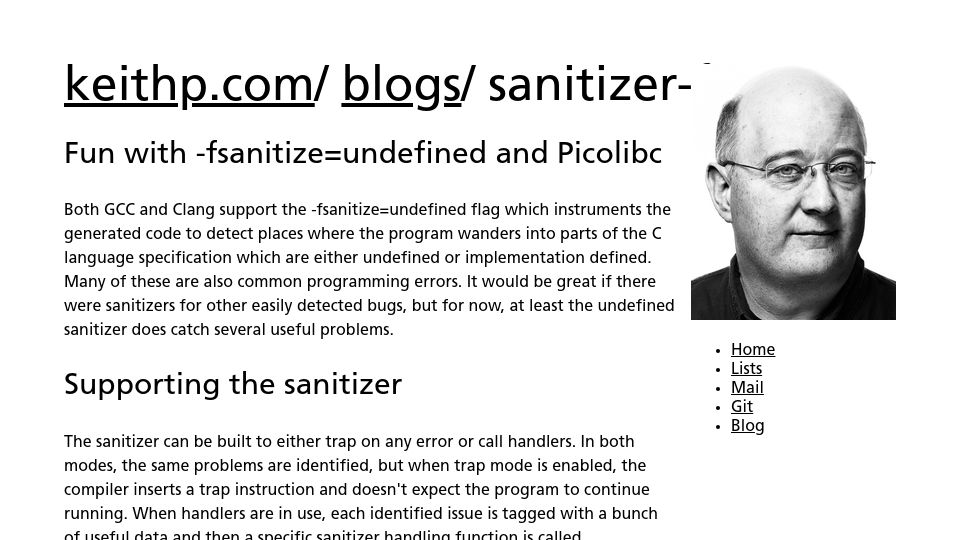 Screenshot of keithp.com: Fun with -fsanitize=undefined and Picolibc