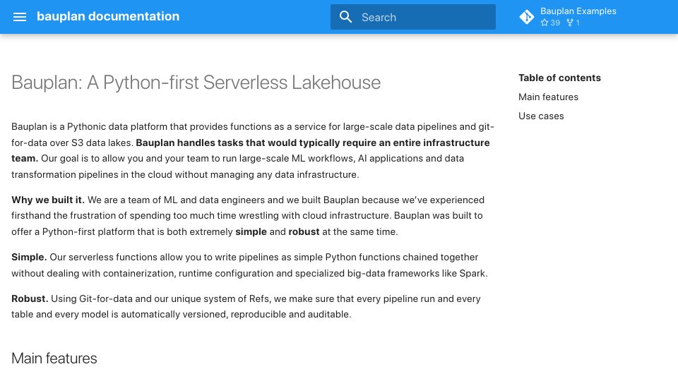 Screenshot of docs.bauplanlabs.com: Bauplan – Git-for-data pipelines on object storage