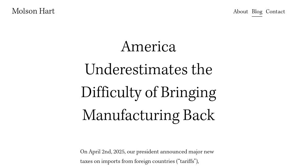 Screenshot of molsonhart.com: America underestimates the difficulty of bringing manufacturing back
