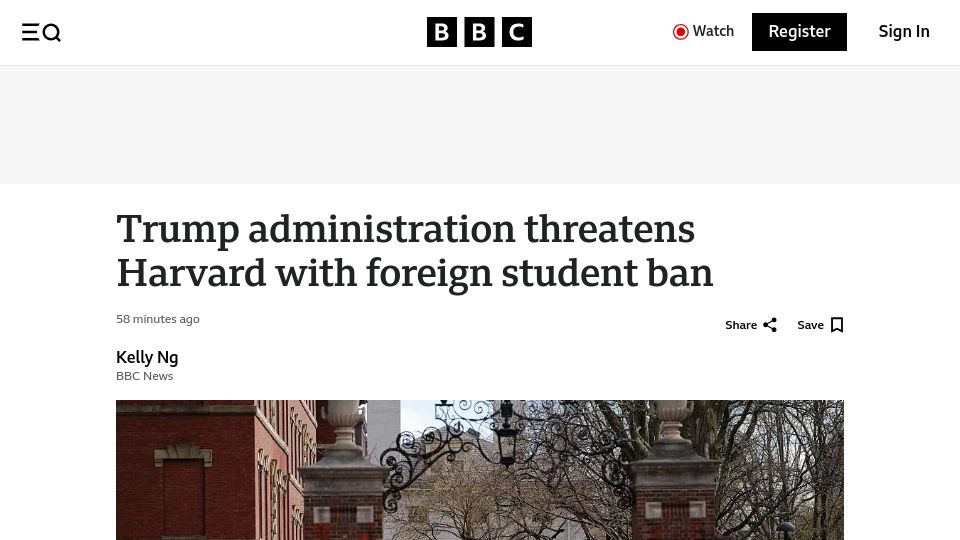 Screenshot of bbc.com: US Government threatens Harvard with foreign student ban