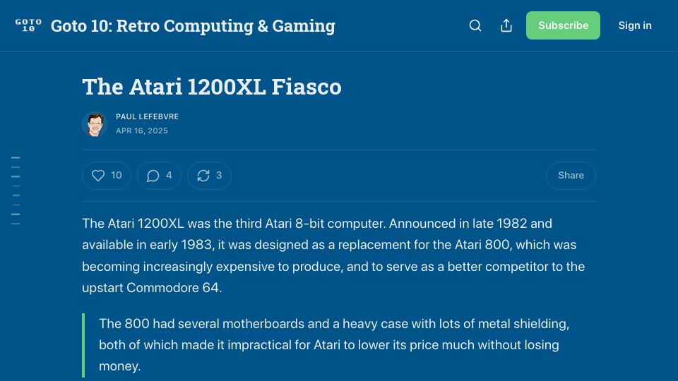 Screenshot of goto10retro.com: The Atari 1200XL fiasco