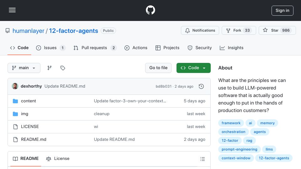 Screenshot of github.com: 12-factor Agents: Patterns of reliable LLM applications