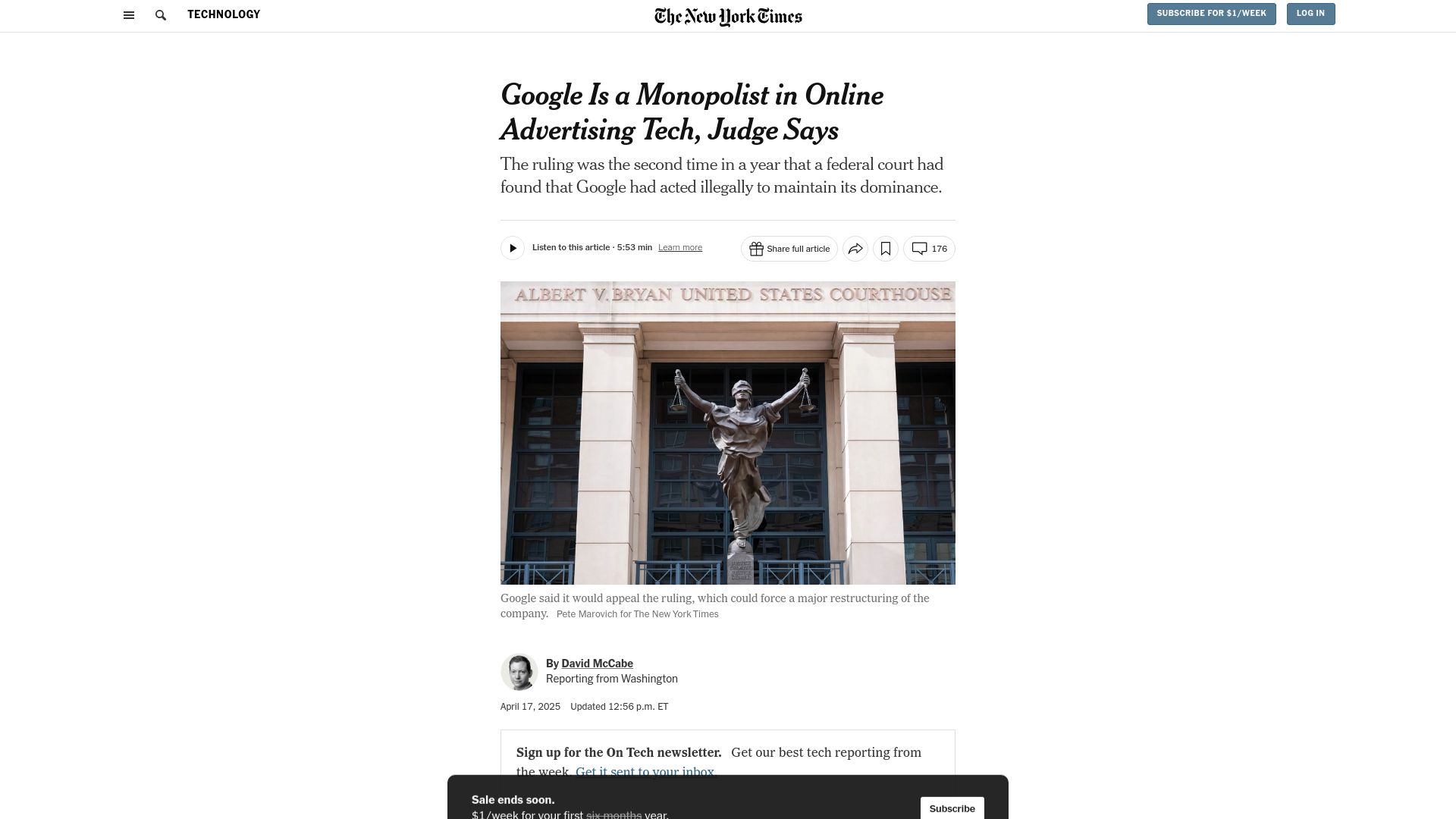 Screenshot of nytimes.com: Google is illegally monopolizing online advertising tech, judge rules