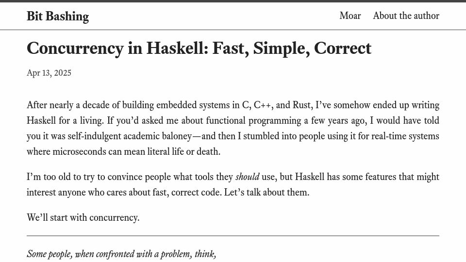 Screenshot of bitbashing.io: Concurrency in Haskell: Fast, Simple, Correct