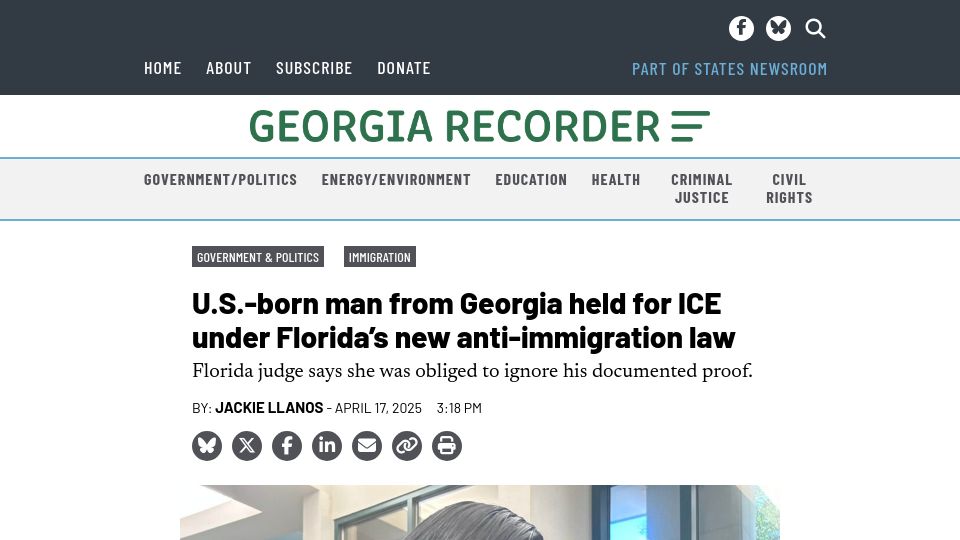 Screenshot of georgiarecorder.com: U.S.-born man from Georgia held for ICE under Florida's new anti-immigration law