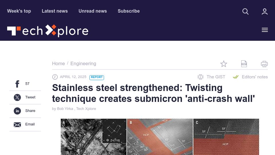 Screenshot of techxplore.com: Stainless steel strengthened: Twisting creates submicron 'anti-crash wall'