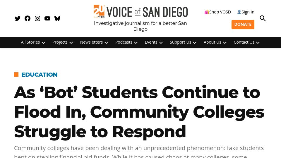 Screenshot of voiceofsandiego.org: As 'Bot' Students Continue to Flood In, Community Colleges Struggle to Respond