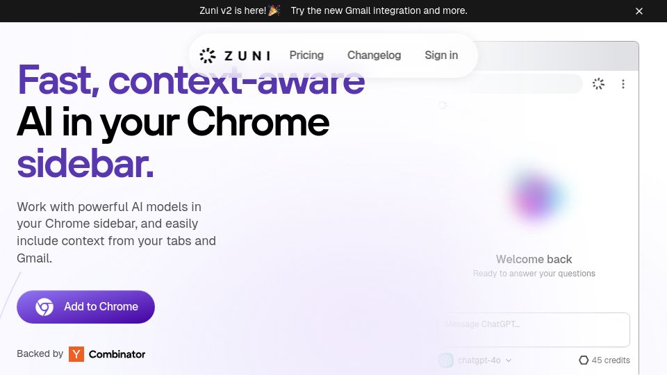 Screenshot of zuni.app: Show HN: Zuni (YC S24) – AI Copilot for the Browser