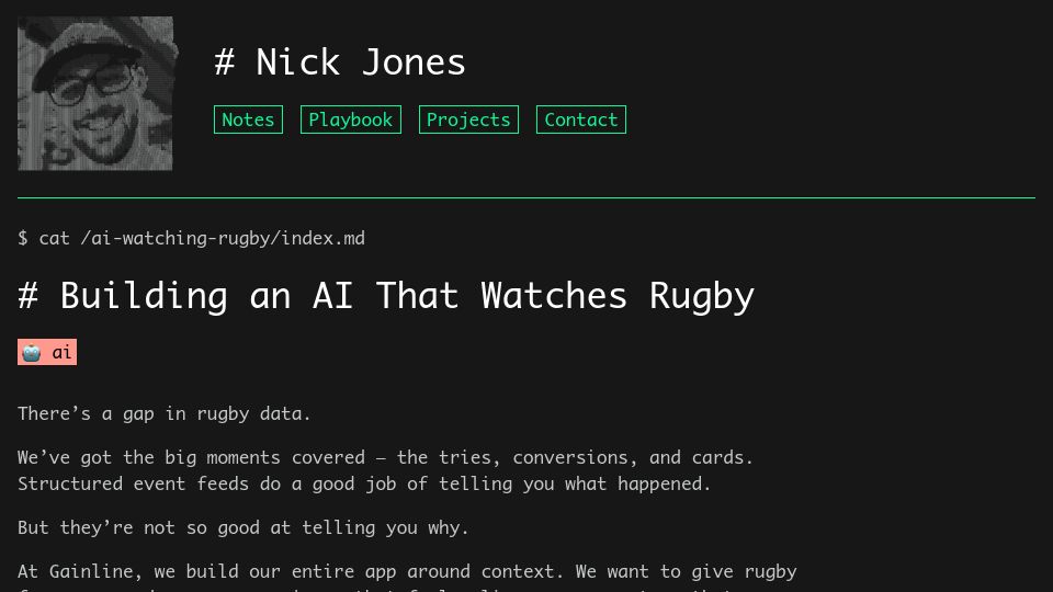 Screenshot of nickjones.tech: Building an AI That Watches Rugby