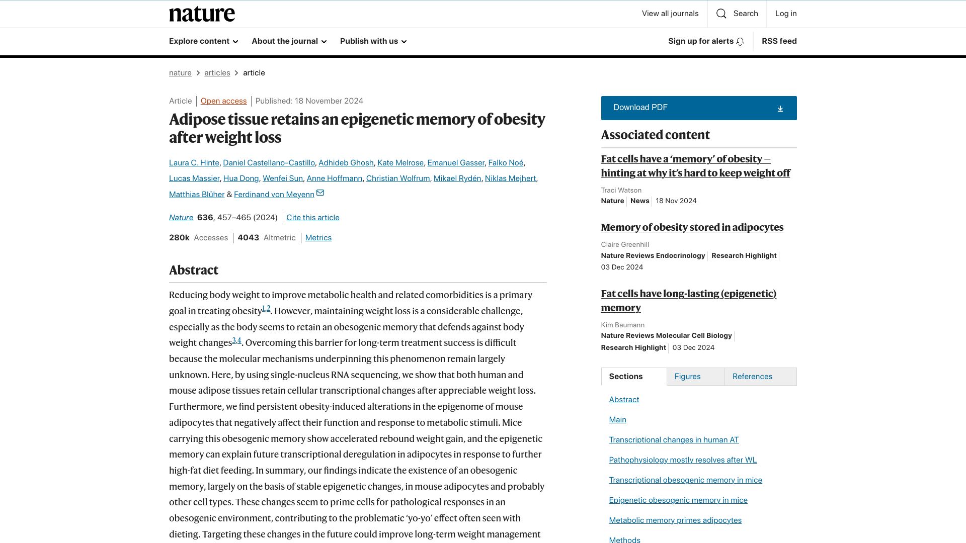 Screenshot of nature.com: Adipose tissue retains an epigenetic memory of obesity after weight loss