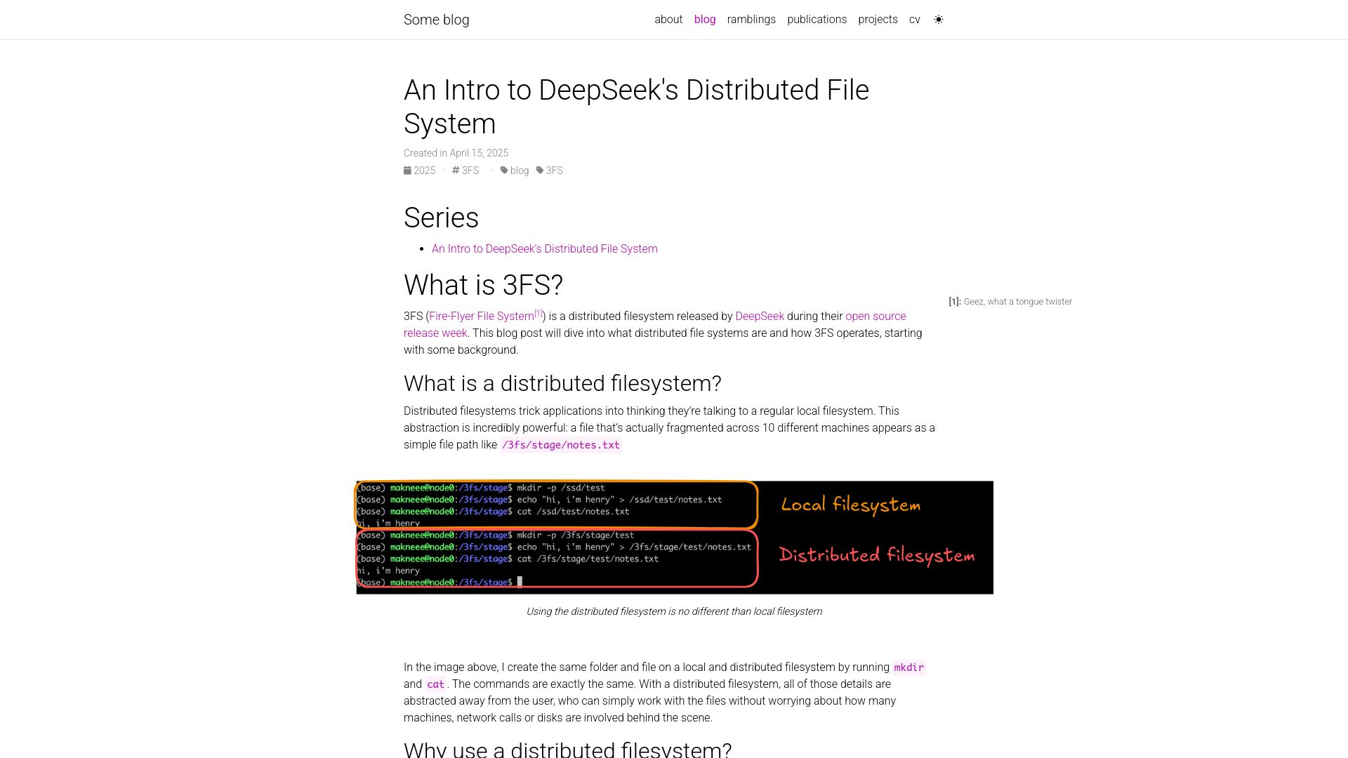 Screenshot of maknee.github.io: An intro to DeepSeek's distributed file system