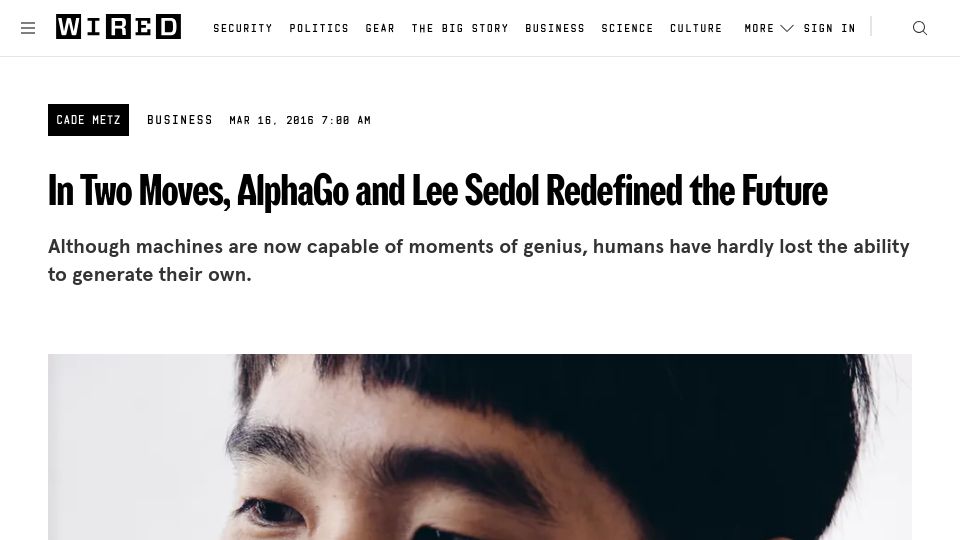 Screenshot of wired.com: In Two Moves, AlphaGo and Lee Sedol Redefined the Future (2016)