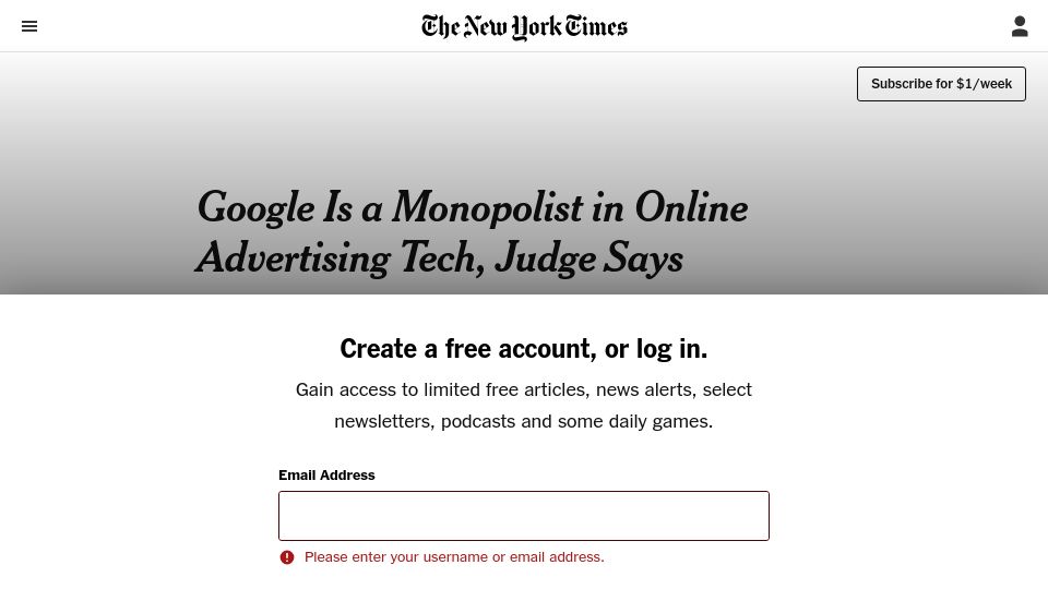 Screenshot of nytimes.com: Google is illegally monopolizing online advertising tech, judge rules