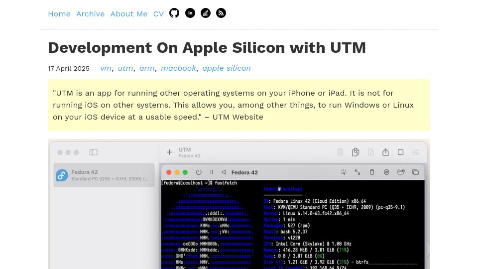 Screenshot of rkiselenko.dev: Development on Apple Silicon with UTM