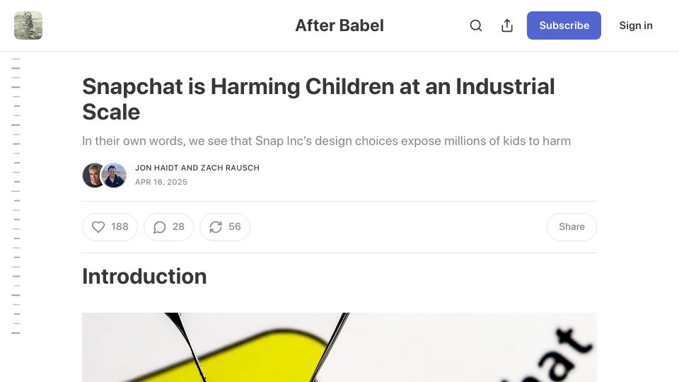 Screenshot of afterbabel.com: Snapchat is harming children at an industrial scale?