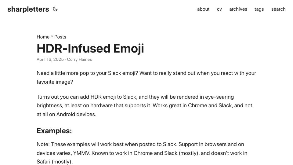 Screenshot of sharpletters.net: HDR‑Infused Emoji