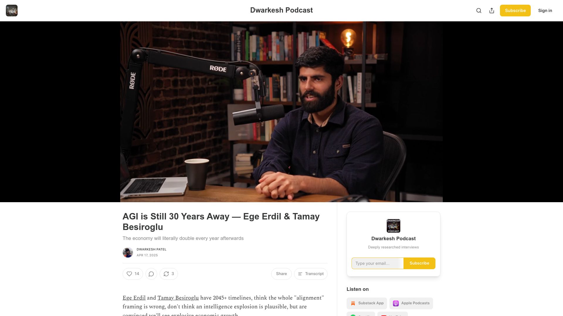 Screenshot of dwarkesh.com: AGI Is Still 30 Years Away – Ege Erdil and Tamay Besiroglu