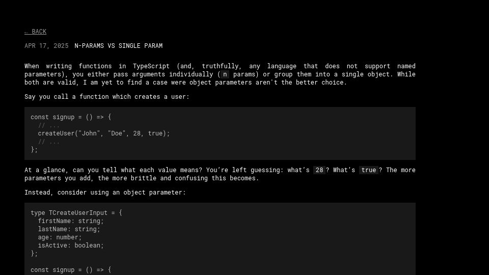 Screenshot of carlos-menezes.com: N-Params vs. Single Param