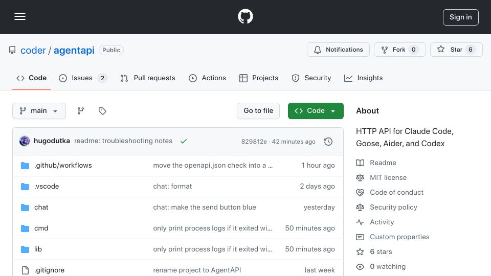 Screenshot of github.com: Show HN: AgentAPI – HTTP API for Claude Code, Goose, Aider, and Codex