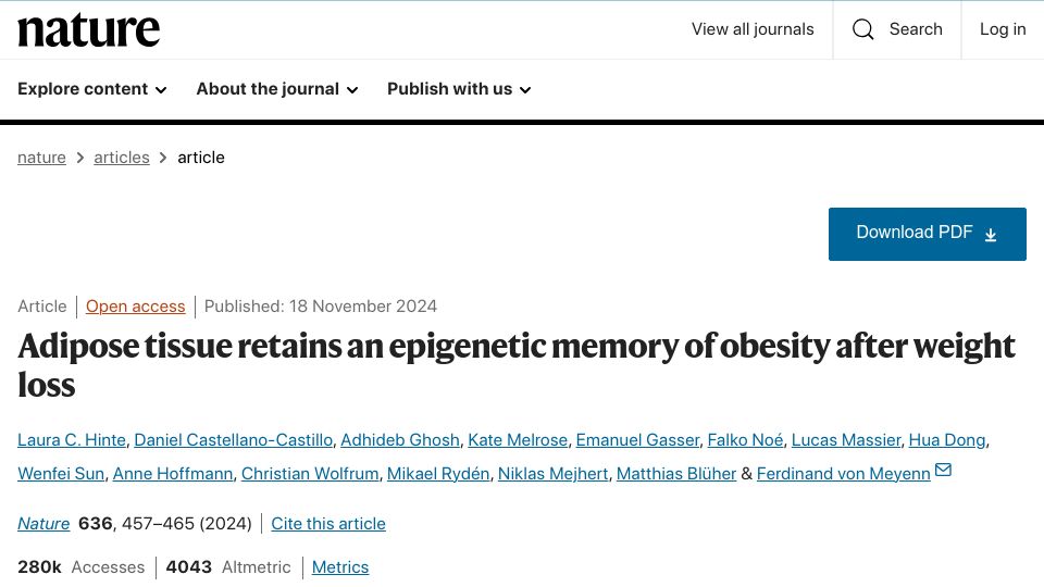 Screenshot of nature.com: Adipose tissue retains an epigenetic memory of obesity after weight loss
