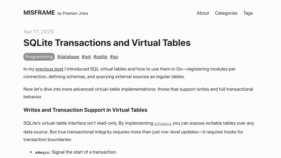 Screenshot of misfra.me: SQLite transactions and virtual tables