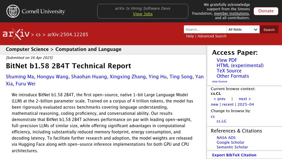 Screenshot of arxiv.org: BitNet b1.58 2B4T Technical Report