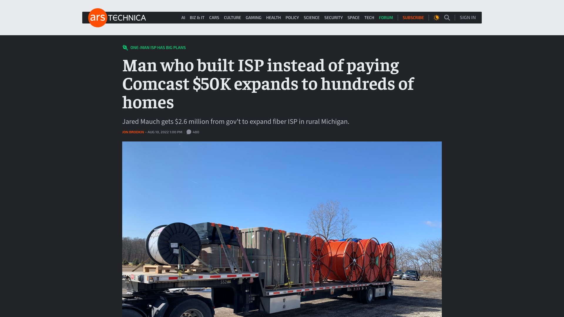 Screenshot of arstechnica.com: Man who built ISP instead of paying Comcast expands to hundreds of homes (2022)