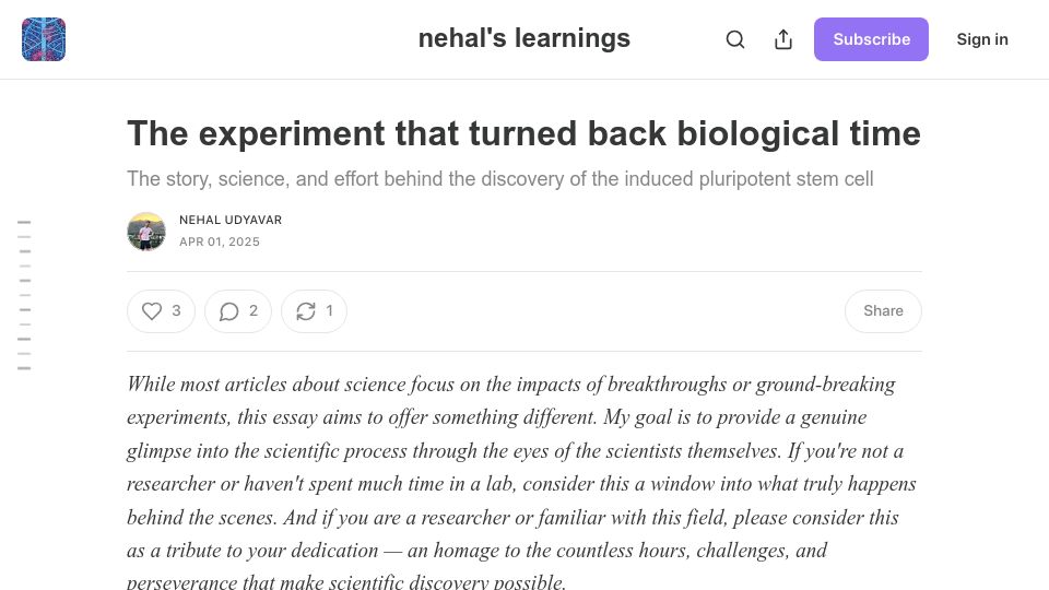 Screenshot of nehalslearnings.substack.com: An experiment that turned back biological time
