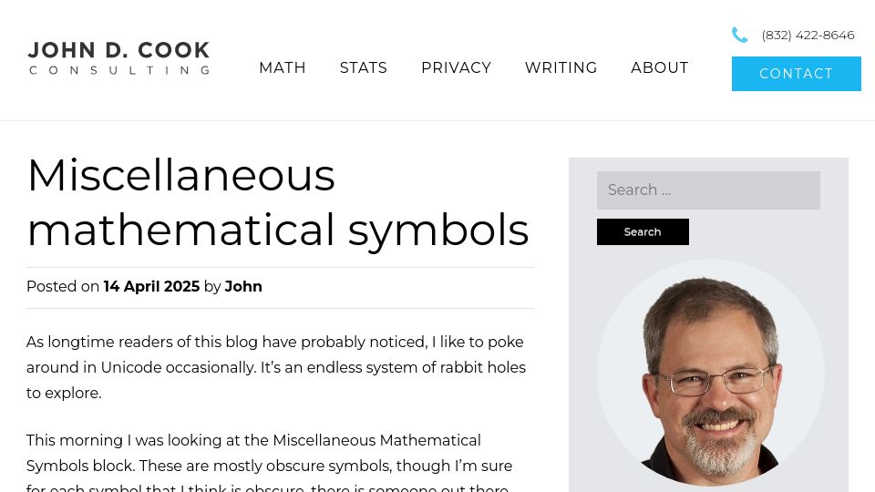 Screenshot of johndcook.com: Miscellaneous Mathematical Symbols