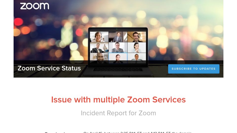Screenshot of status.zoom.us: Zoom outage caused by accidental 'shutting down' of the zoom.us domain