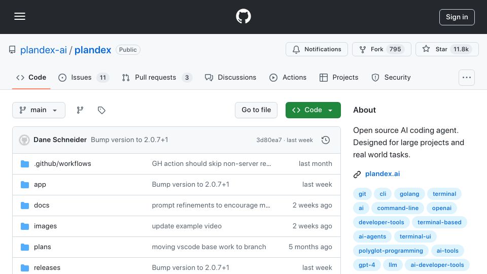Screenshot of github.com: Show HN: Plandex v2 – open source AI coding agent for large projects and tasks