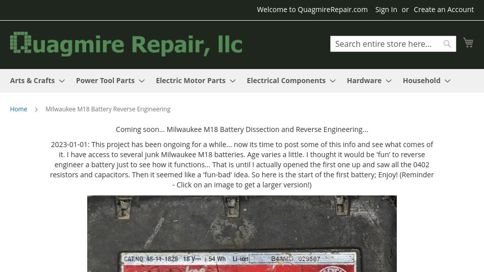 Screenshot of quagmirerepair.com: Milwaukee M18 Battery Reverse Engineering
