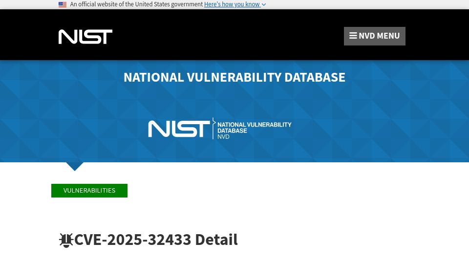 Screenshot of nvd.nist.gov: Unauthenticated Remote Code Execution in Erlang/OTP SSH