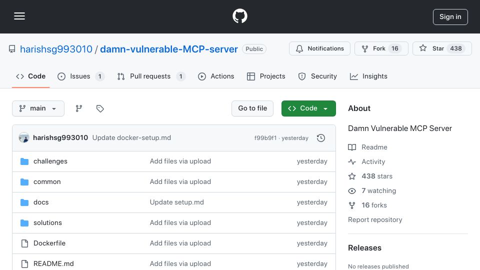 Screenshot of github.com: Damn Vulnerable MCP Server