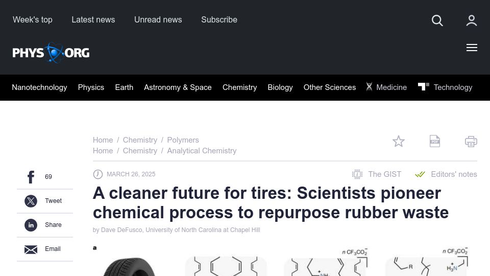 Screenshot of phys.org: Scientists pioneer chemical process to repurpose rubber waste