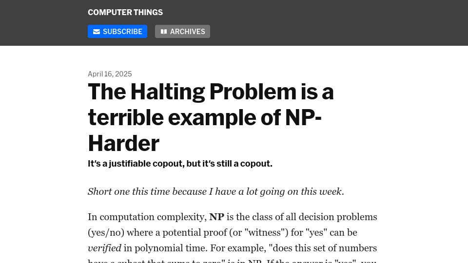 Screenshot of buttondown.com: The Halting Problem is a terrible example of NP-Harder
