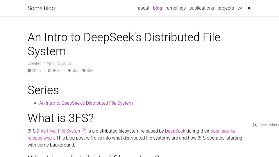 Screenshot of maknee.github.io: An intro to DeepSeek's distributed file system