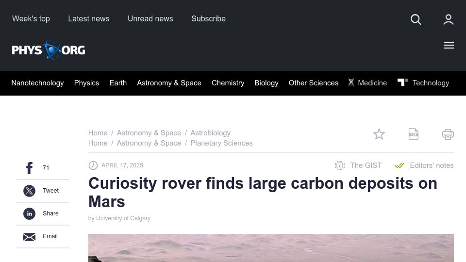 Screenshot of phys.org: Curiosity rover finds large carbonate deposits on Mars