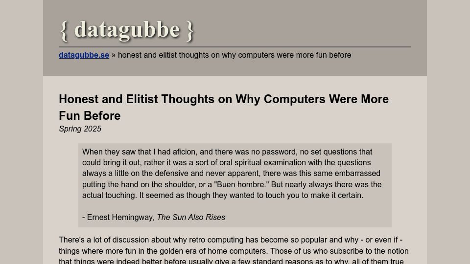 Screenshot of datagubbe.se: Honest and Elitist Thoughts on Why Computers Were More Fun Before