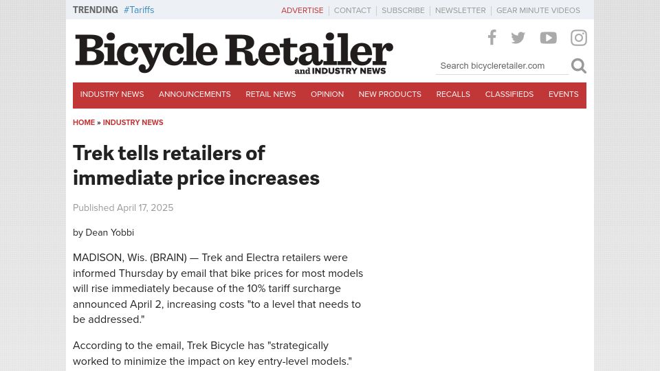Screenshot of bicycleretailer.com: Trek tells retailers of immediate price increases