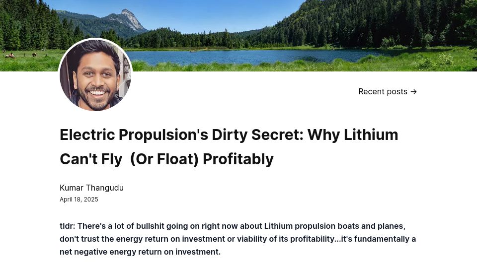 Screenshot of kumarletter.com: Electric Propulsion's Dirty Secret: Why Lithium Can't Fly (Or Float) Profitably