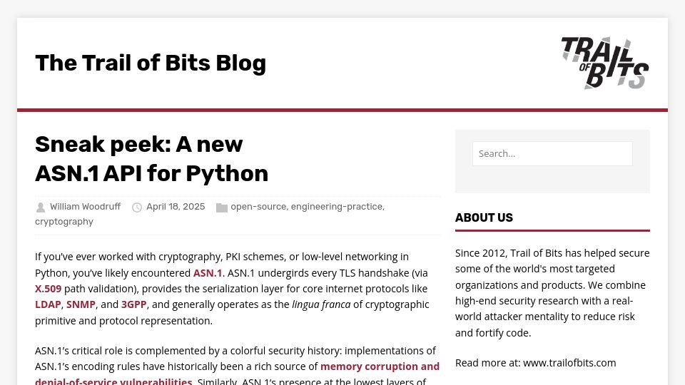 Screenshot of blog.trailofbits.com: A New ASN.1 API for Python