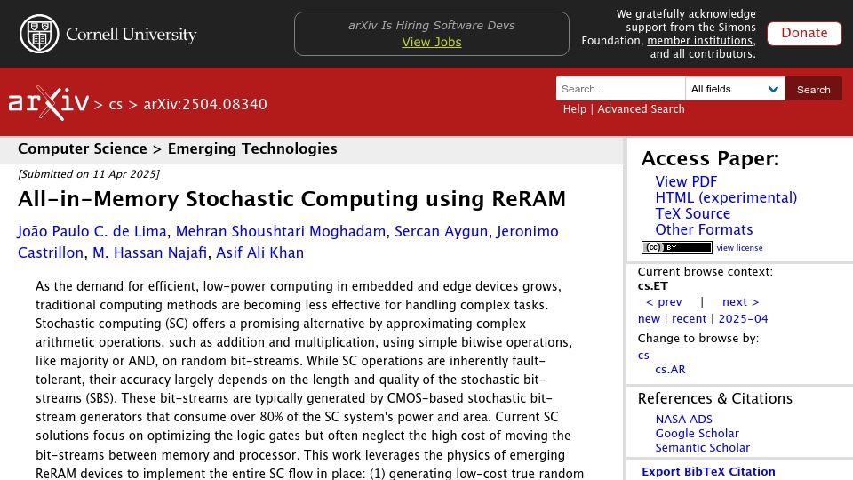 Screenshot of arxiv.org: All-in-Memory Stochastic Computing Using ReRAM