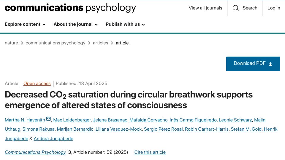 Screenshot of nature.com: Decreased CO2 during breathwork: emergence of altered states of consciousness