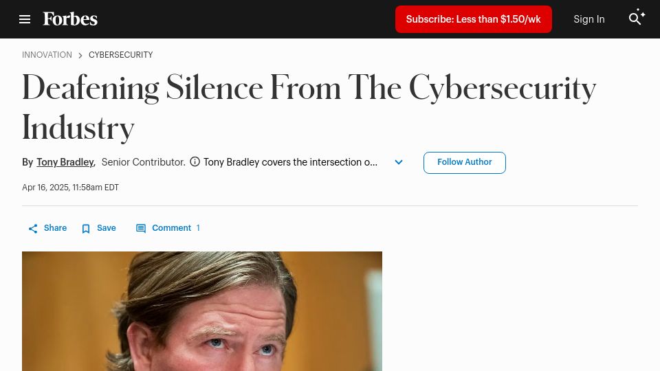 Screenshot of forbes.com: Deafening Silence from the Cybersecurity Industry
