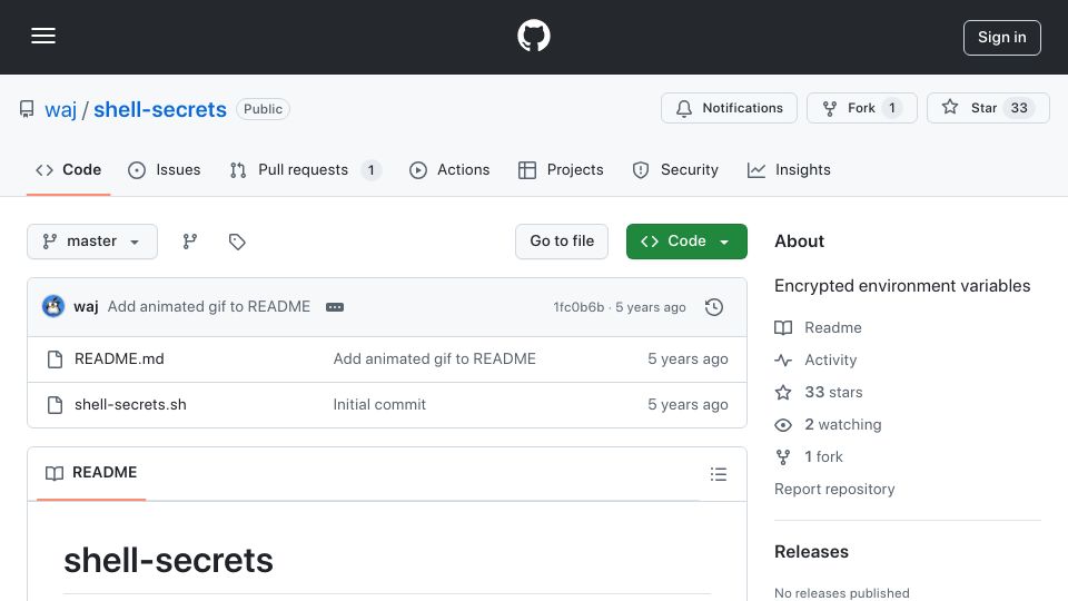 Screenshot of github.com: Shell-secrets – GPG-encrypted environment variables