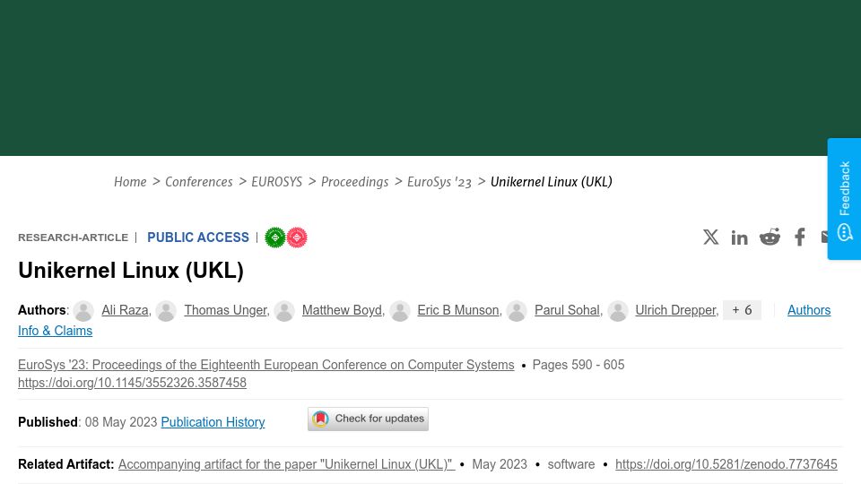 Screenshot of dl.acm.org: Unikernel Linux (UKL) (2023)