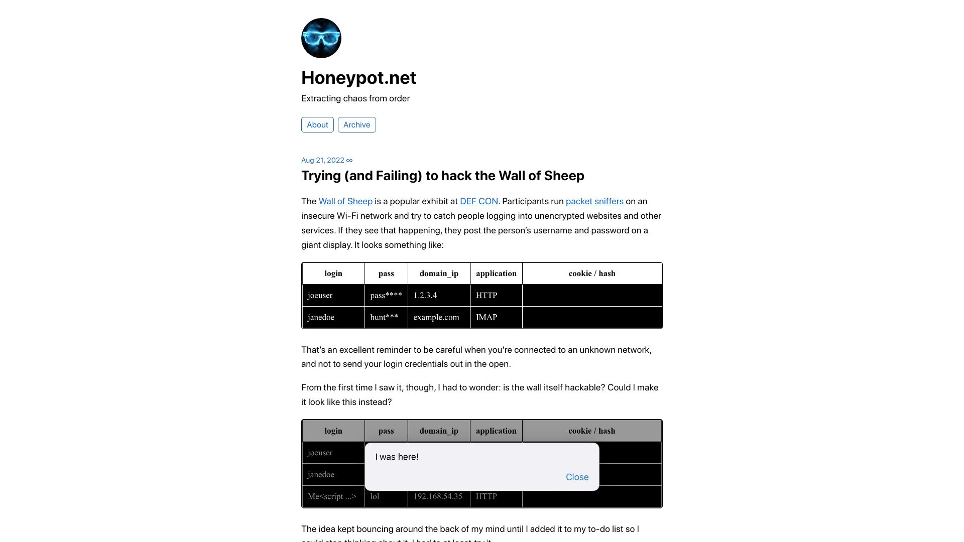 Screenshot of honeypot.net: Trying (and failing) to hack the Wall of Sheep (2022)